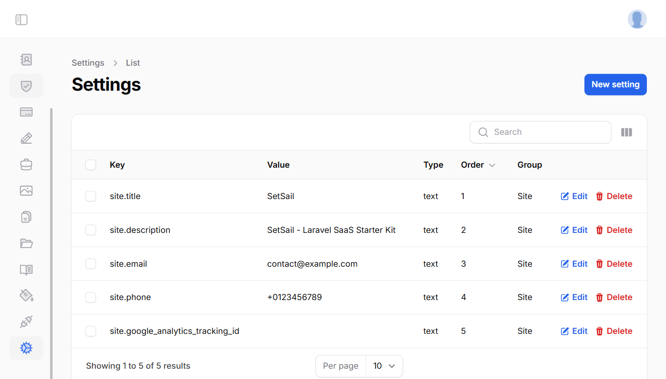 Admin Settings Table